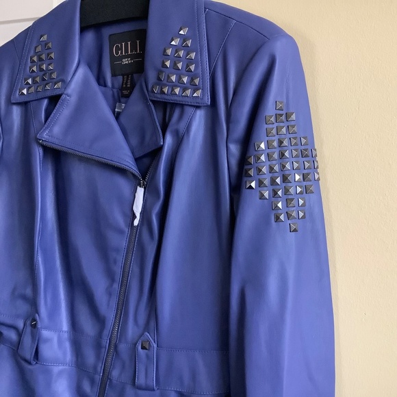 G.I.L.I. Faux Leather Peplum Motorcycle Jacket Deep Cobalt SZ 12 - Picture 6 of 16